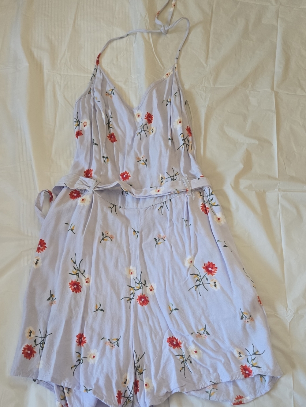 Hollister White Floral Halter Romper with Red Accents
